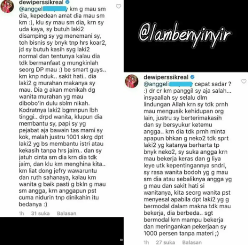 Dewi Perssik memberikan jawaban atas tudingan yang dialamatkan pada suaminya. (Instagram/lambenyinyir)
