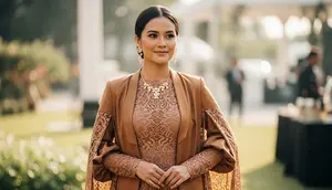 Long Dress Brokat Cokelat Latte Model Cape Dress + Outer Satin Bronze/Long Dress Brokat Kombinasi Outer Satin Lengan Balon (Sumber: gemini.com)