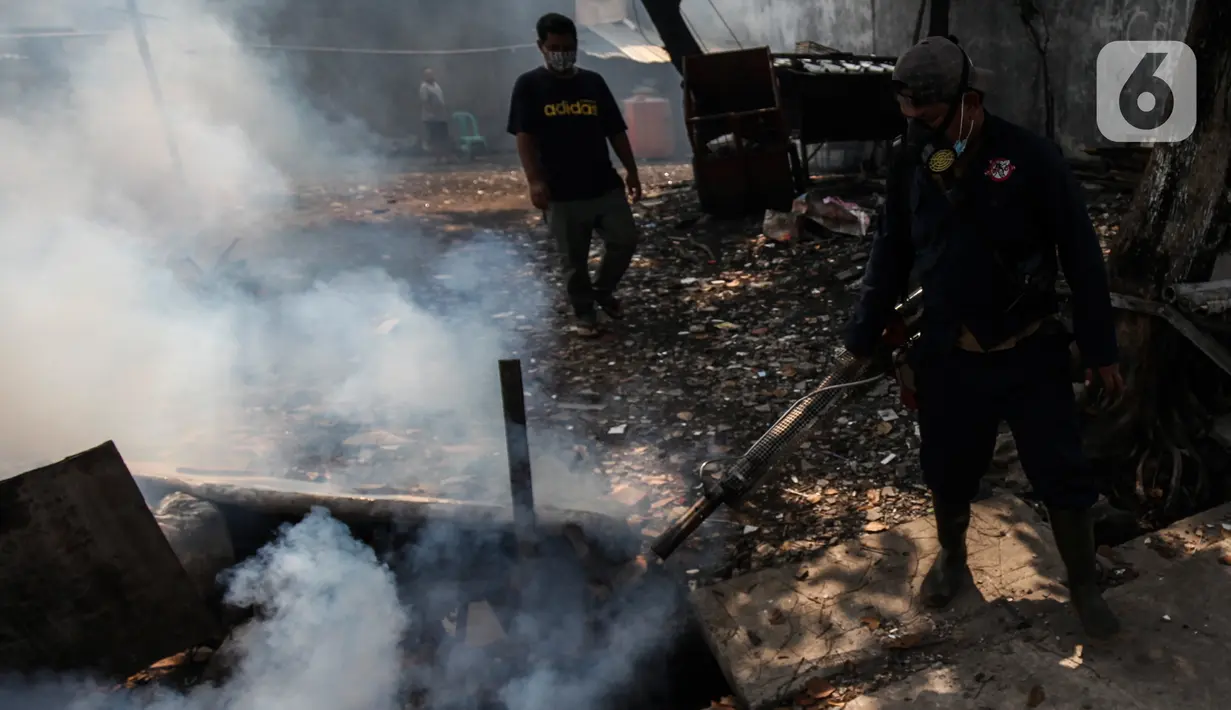 Petugas melakukan penyemprotan (fogging) untuk memutus siklus hidup nyamuk Demam Berdarah Dengue (DBD) di perumahan Jalan Delima Raya, Jakarta Barat, Senin (25/10/2021). Penyemprotan guna mencegah berkembangnya penyakit demam berdarah yang kerap muncul saat perubahan musim (Liputan6.com/Johan Tallo)