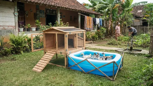 Model kandang bebek dengan area air mini yang bikin sehat dan produktif bertelur desain portabel lipat dengan kolam karet