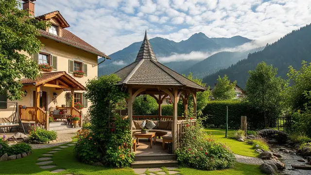 Gazebo Kayu dengan Latar Pegunungan