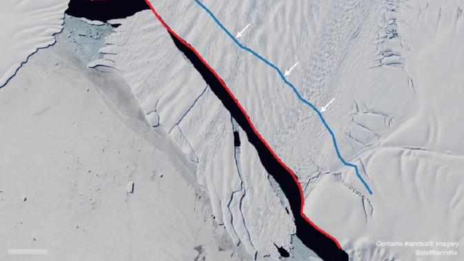 Garis merah menunjukkan di mana gunung es gletser Pulau Pine patah pada 2017. Garis biru menunjukkan celah yang baru ditemukan. (Citra Landsat OLI diproses oleh Stef Lhermitte / Delft University of Technology)