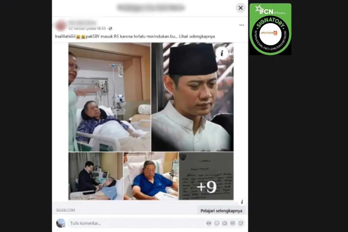 Tangkapan layar postingan klaim foto Presiden ke-6 RI Susilo Bambang Yudhoyono (SBY) masuk rumah sakit pada Januari 2026 yang beredar di Facebook.