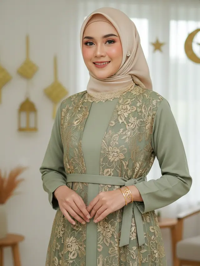 Model Gamis Rompi Terbuka Tren Busana Lebaran 2026 (Foto: Gemini AI)
