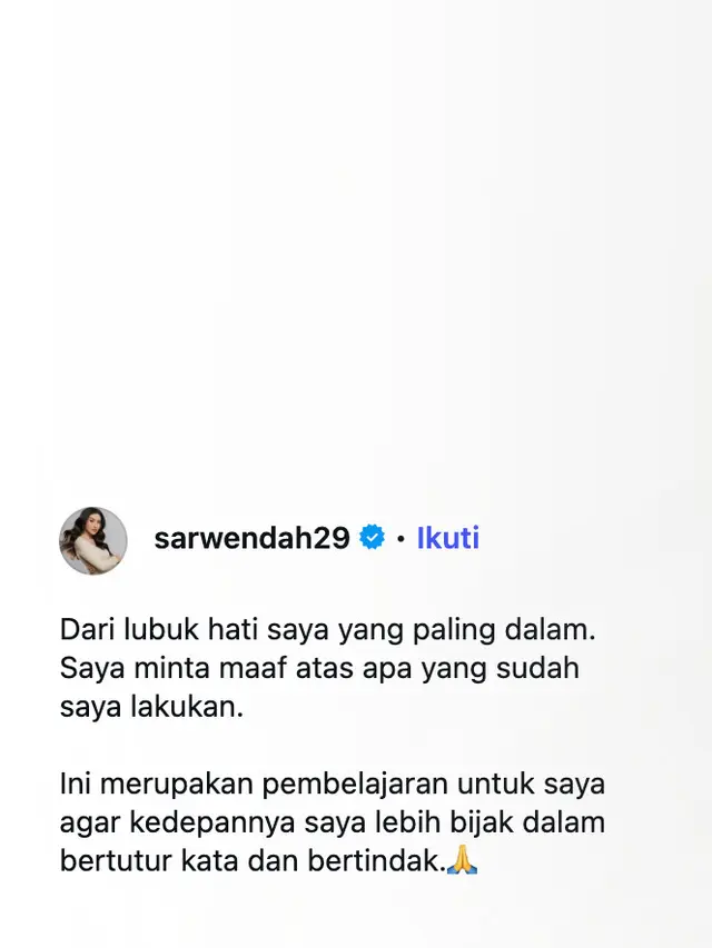 Unggahan Sarwendah. (Foto: Dok. Instagram @sarwendah29)