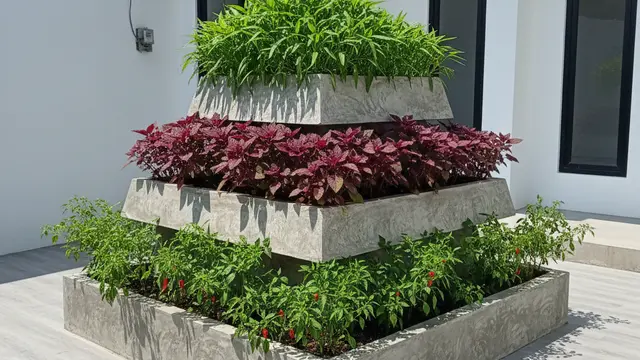 Ide Kebun Sayur Pakai Pot Semen Minimalis Halaman Depan. AI