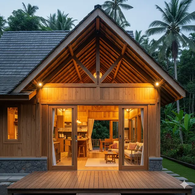 Desain Rumah Gaya Rustic dengan Material Kayu Alami. Gemini
