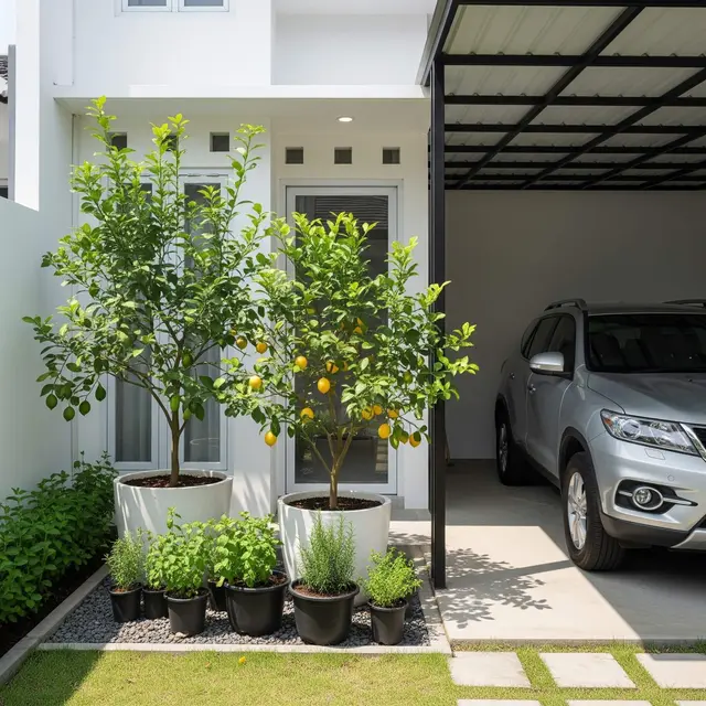 Inspirasi Rumah dengan Kebun Buah Mini di Samping Carport