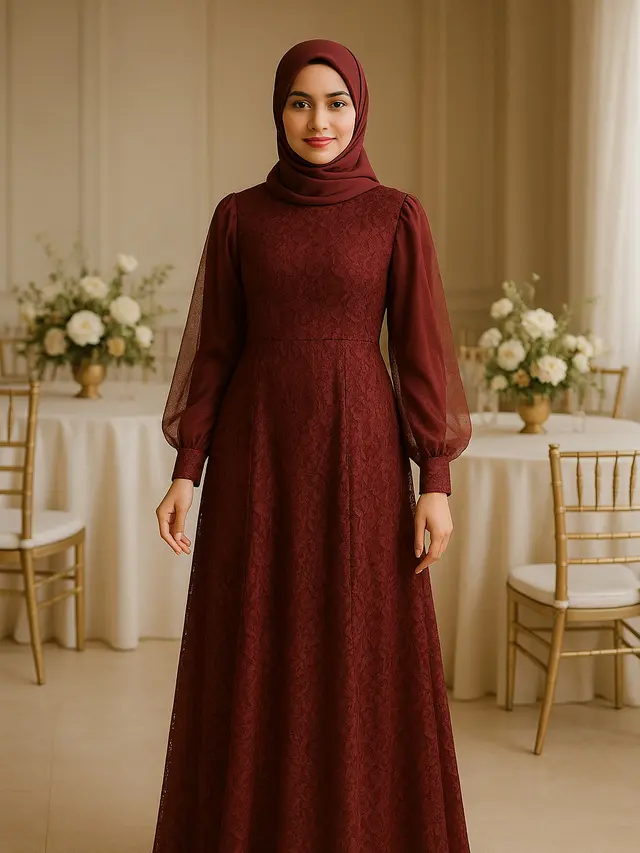 Model Gamis Brokat Burgundy