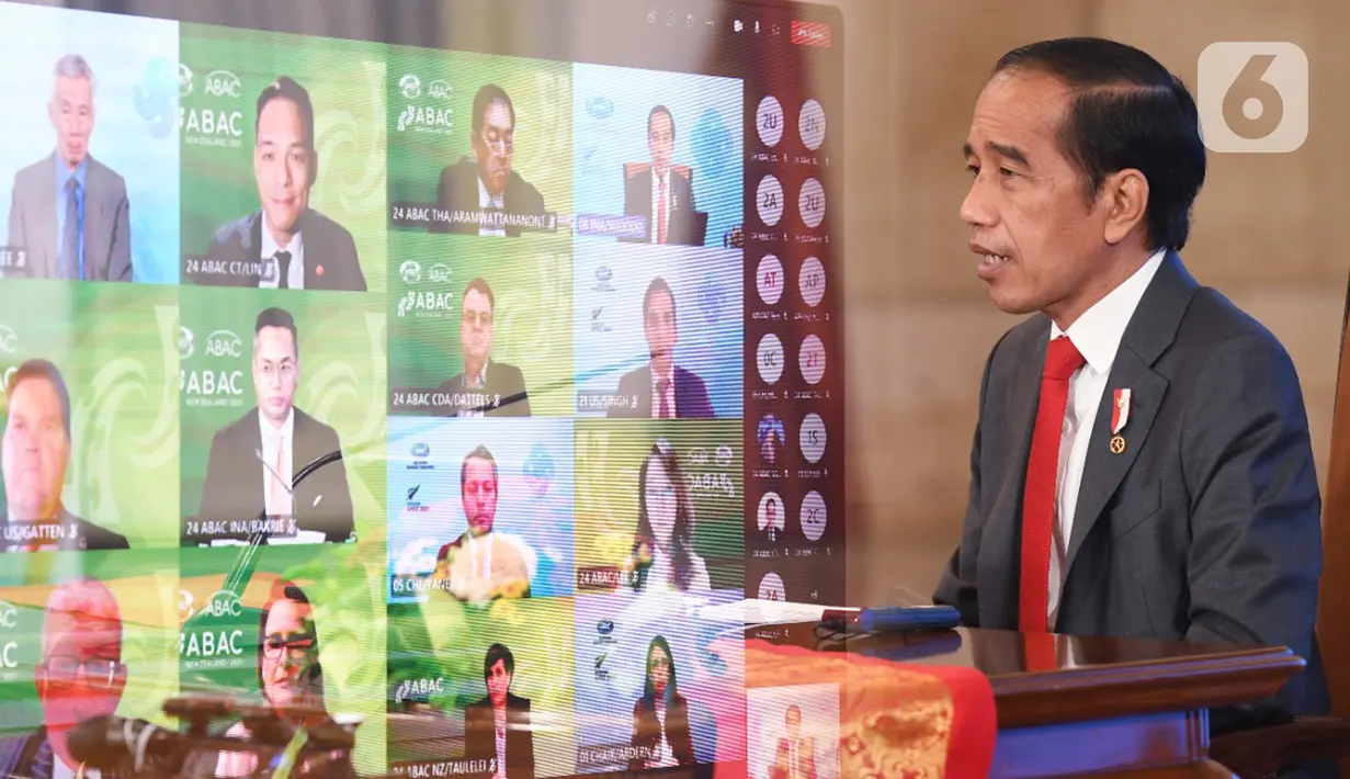 Presiden Jokowi saat dialog secara virtual dengan para pimpinan negara anggota APEC dan ABAC. Dialog yang mengusung topik inklusivitas dan keberlanjutan, menitikberatkan dua fokus yakni peningkatan pemberdayaan UMKM untuk mempercepat pemulihan ekonomi inklusif. (Liputan6.com/HO/Biro Pers Setpres)