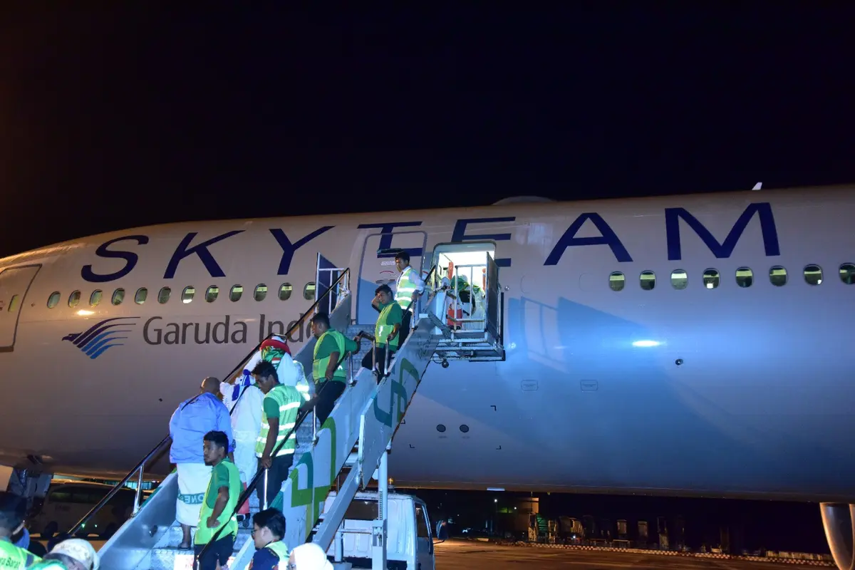 Sebanyak 15 kloter penerbangan jemaah haji sudah berangkat dari Bandara Internasional Minangkabau. Penerbangan ini dilayani oleh Garuda Indonesia. (Dok Kemenhub)