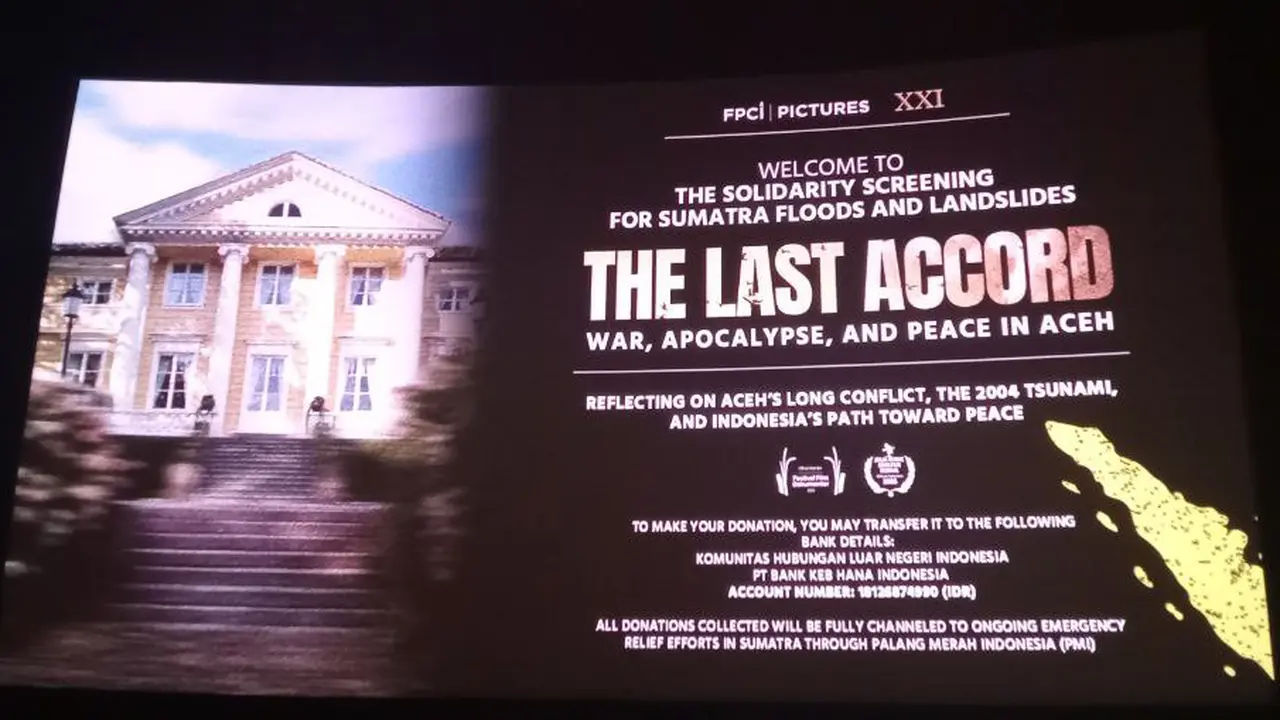 Pemutaran film dokumenter Aceh oleh FPCI yang berjudul The Last Accord: War, Apocalypse, and Peace in Aceh, sekaligus Solidarity Screening For Sumatra Floods and Landslides, di Plaza Senayan XXI, Tanah Abang, Jakarta, Kamis (18/12/2025). (Dok. Liputan6.co