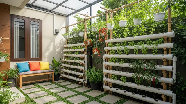 Model Desain Halaman Belakang Rumah Kecil dengan Pot Gantung Sayur dan Tanaman Rempah/ Ilustrasi AI