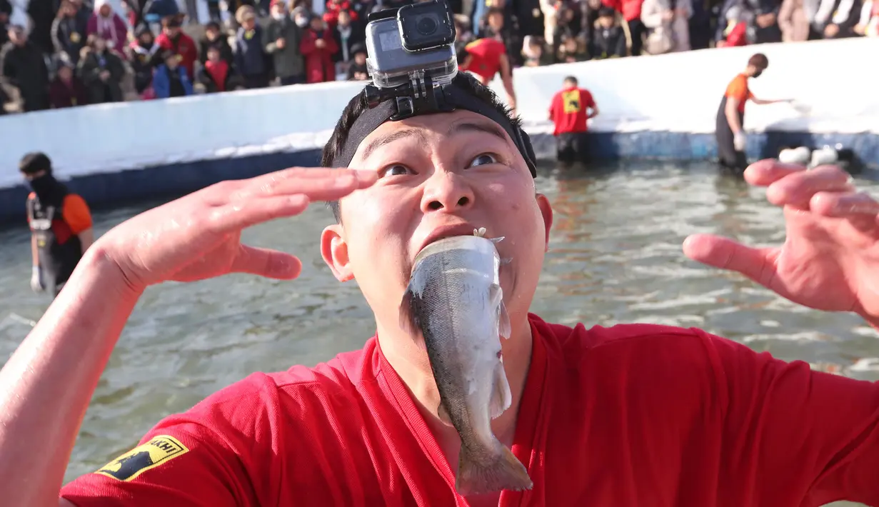 Peserta memegang trout di mulut setelah menangkapnya selama kontes menangkap ikan di Hwacheon, Korea Selatan, Sabtu (5/1). Kontes ini merupakan bagian dari festival es tahunan yang menarik lebih dari satu juta pengunjung setiap tahun. (AP/Ahn Young-joon)