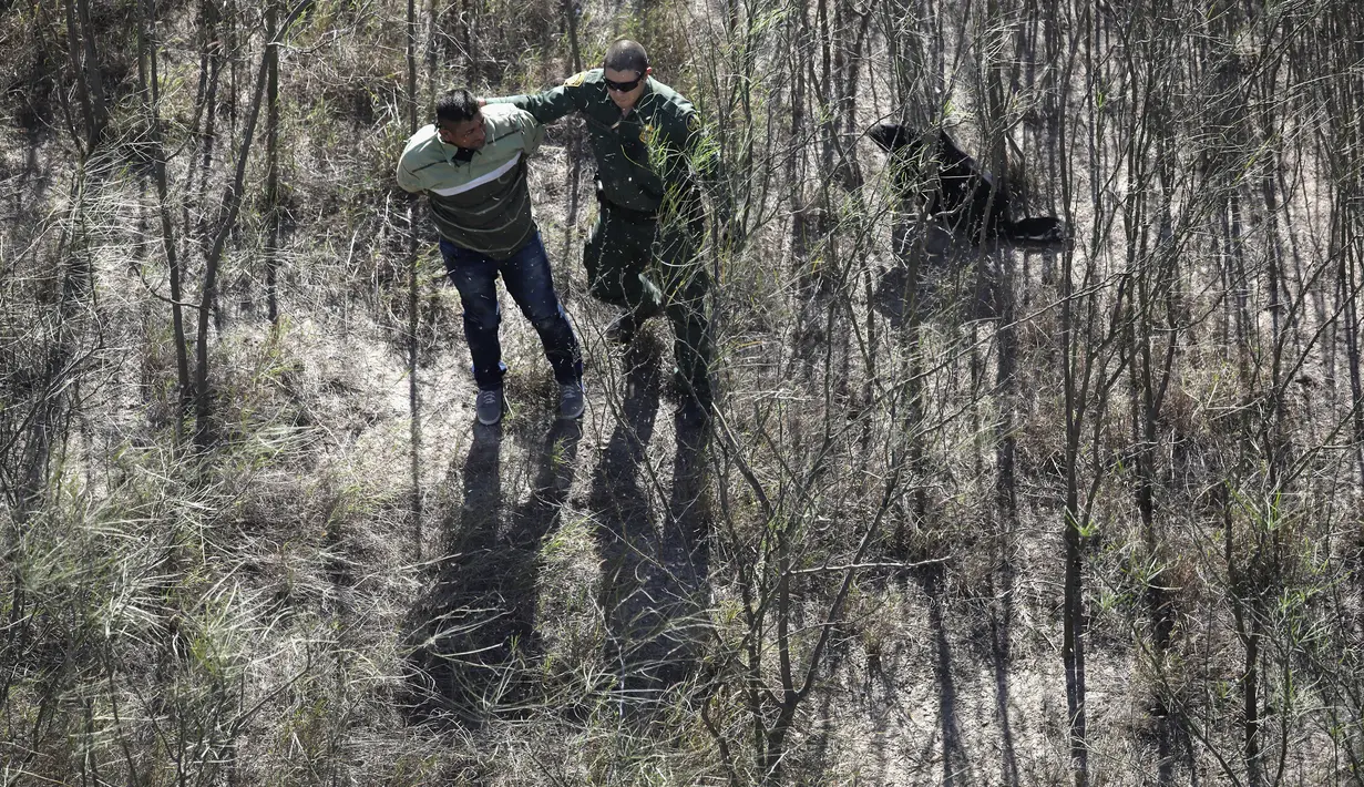 Petugas patroli perbatasan AS menangkap seorang imigran tanpa dokumen di dekat perbatasan AS-Meksiko di Mission, Texas (3/1). Ribuan imigran gelap nekat masuk perbatasan AS-Meksiko jelang pelantikan Donald Trump. (AFP Photo/John Moore/Getty Images)