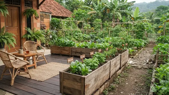 Ide teras minimalis menghadap kebun sayur organik di lahan sempit model dengan kotak tanaman kayu