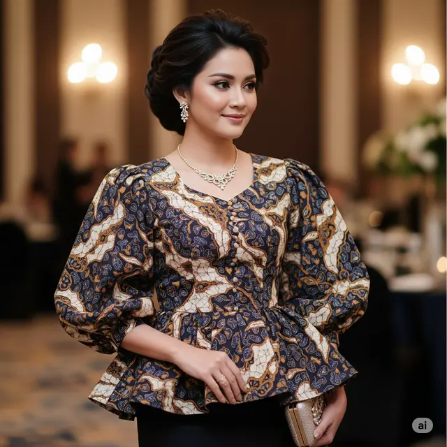 Blouse Batik Peplum Lengan Balon ¾