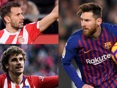 Tanpa adanya tambahan gol saat ditahan imbang Atl Bilbao tidak membuat Lionel Messi tergeser dari kejaran para lawannya. Raihan 21 gol Messi berselisih enam gol Suarez yang berada di bawahnya. (Kolase Foto AFP)