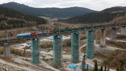 Kereta melintas di atas jembatan rel yang dalam proses penyelesaian di Taiga, dekat stasiun Dzheb, Krasnoyarsk, Rusia, 10 Oktober 2016. Lokasi proyek Trans-Siberian Railway ini dikelilingi pemandangan pegunungan dan hutan cemara. (REUTERS/Ilya Naymushin)