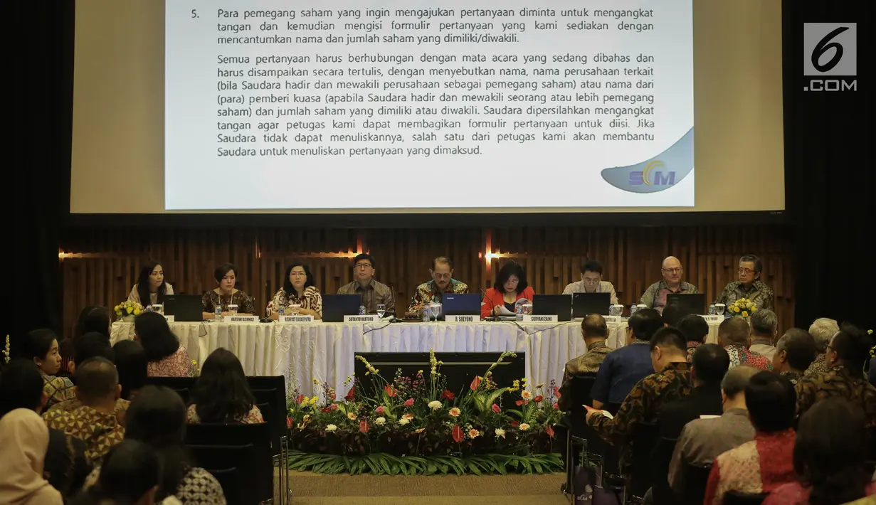 Suasana saat Rapat Umum Pemegang Saham Tahunan (RUPST ) PT. Surya Citra Media Tbk (SCMA) di SCTV Tower, Jakarta, Kamis (18/5). SCMA membagikan dividen sebesar Rp 73 per saham dari laba bersih tahun buku 2016. (Liputan6.com/Faizal Fanani)