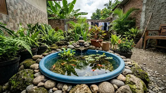 Inspirasi Kolam Mini dari Baskom Bekas di Belakang Rumah