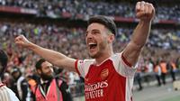 Declan Rice merayakan kemenangan Arsenal atas Man City pada FA Community Shield 2023/2023. (AFP/Justin Tallis)