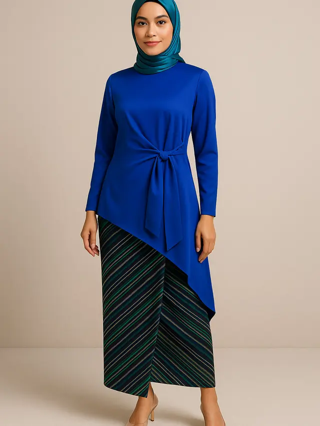 Model Tunik Polos Berbahan Satin Dipadukan dengan Rok Lilit Motif Etnik (Foto: ChatGPT)