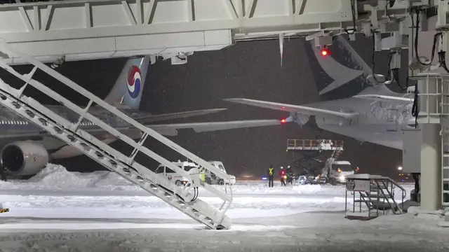 Bagian sayap pesawat Korean Air (kiri) dan pesawat Cathay Pacific (kanan) terlihat setelah tabrakan di Bandara New Chitose Jepang utara di Sapporo, Selasa, 16 Januari 2024. (AP)