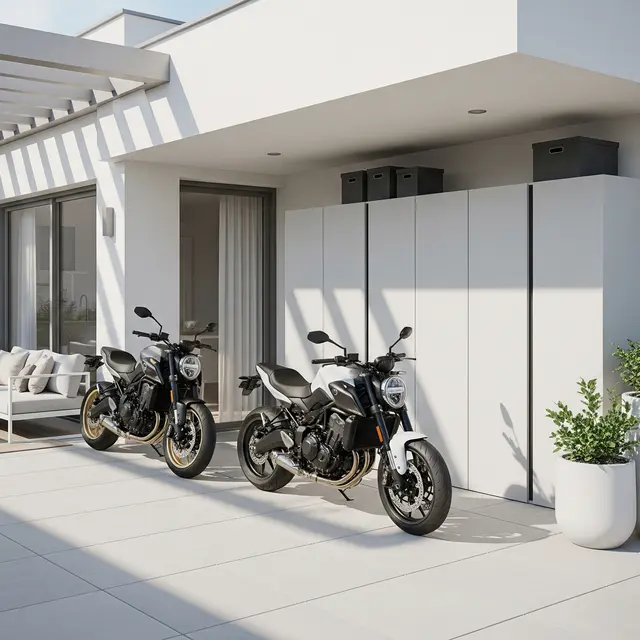 Desain Teras Rumah untuk Dua Motor dan Tempat Duduk Santai Sekaligus (Image by Gemini AI)