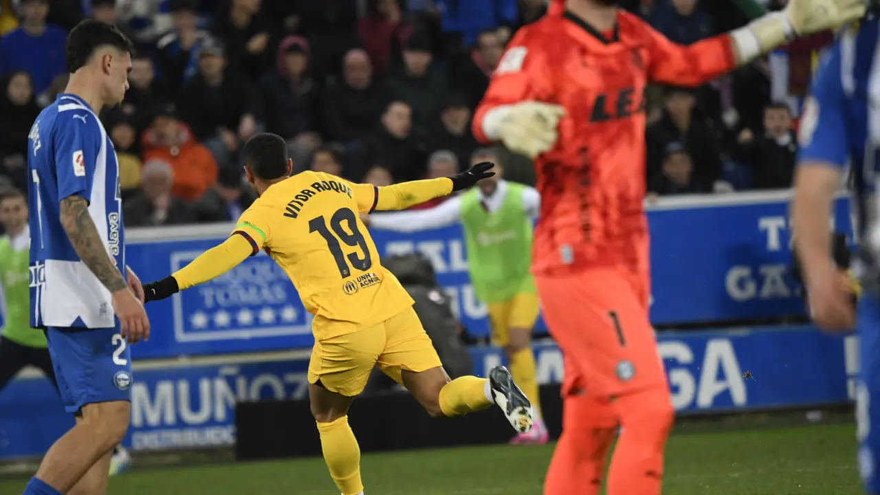 Selebrasi Vitor Roque saat Barcelona melawan Alaves di lanjtuan LaLiga