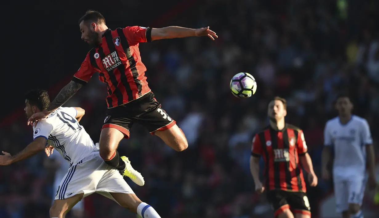 Bek Bournemouth, Steve Cook, duel udara dengan striker Chelsea, Diego Costa. Pada laga ini Bournemouth turun dengan formasi 4-4-2, sementara Chelsea memakai skema andalannya 3-4-2-1. (AFP/Glyn Kirk)