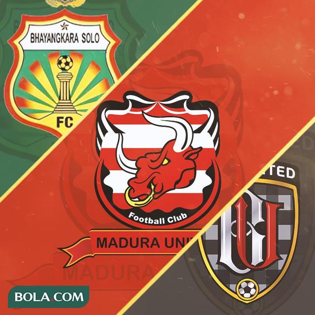 Ilustrasi - Logo Bhayangkara Solo FC, Madura United, Bali United