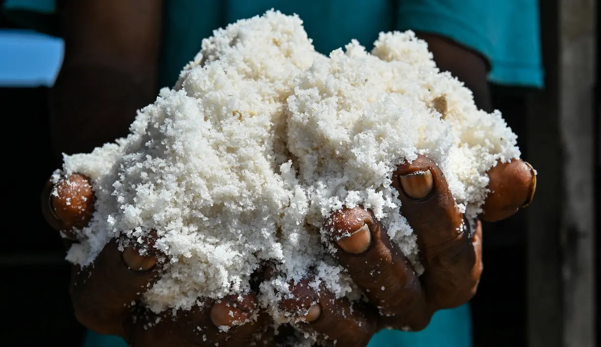 Seorang petani menunjukkan garam yang sedang diproses dengan cara tradisional di sebuah tambak di Lamnga, pinggiran Banda Aceh, Aceh, Selasa (7/3/2023). Kebutuhan garam industri jauh lebih besar daripada kebutuhan konsumsi rumah tangga. (CHAIDEER MAHYUDDIN/AFP)
