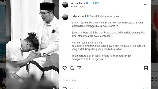 Gubernur Jawa Barat Ridwan Kamil menulis pesan haru sampaikan kebaikan sang anak, Emmeril Kahn Mumtadz atau Eril semasa hidup.