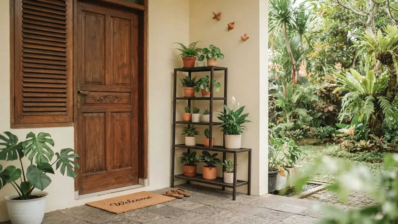 Model Sudut Teras Rumah dengan Rak Tanaman