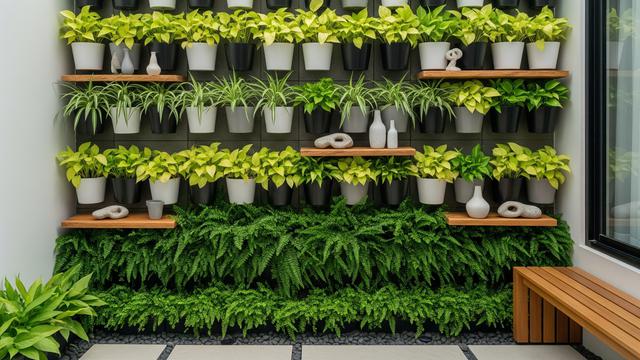 Dinding Hijau Vertikal dengan Pot Tempel Minimalis