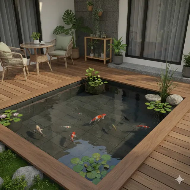Kolam Ikan Mini Kayu di Teras Rumah