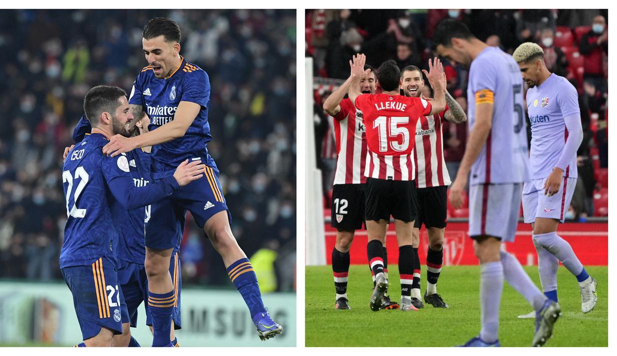 Real Madrid dan Barcelona meraih hasil yang bertolak belakang dalam laga babak 16 Besar Copa Del Rey, Kamis (20/1/2022). Real Madrid menang 2-1 atas Elche, sementara Barcelona kalah 2-3 dari Athletic Bilbao. (Kolase AFP)