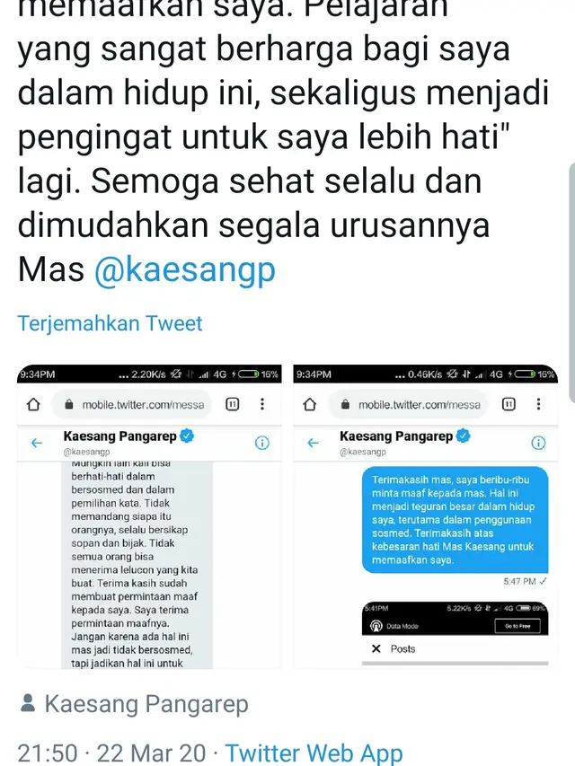 Cuitan warganet setelah dimaafkan Kaesang Pangarep. (Foto: Twitter)