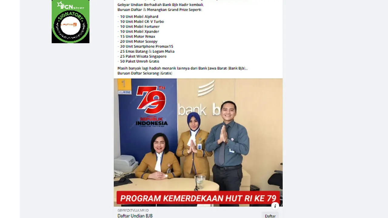 Tangkapan layar  klaim undian berhadiah Bank BJB dalam rangka merayakan HUT RI ke-79