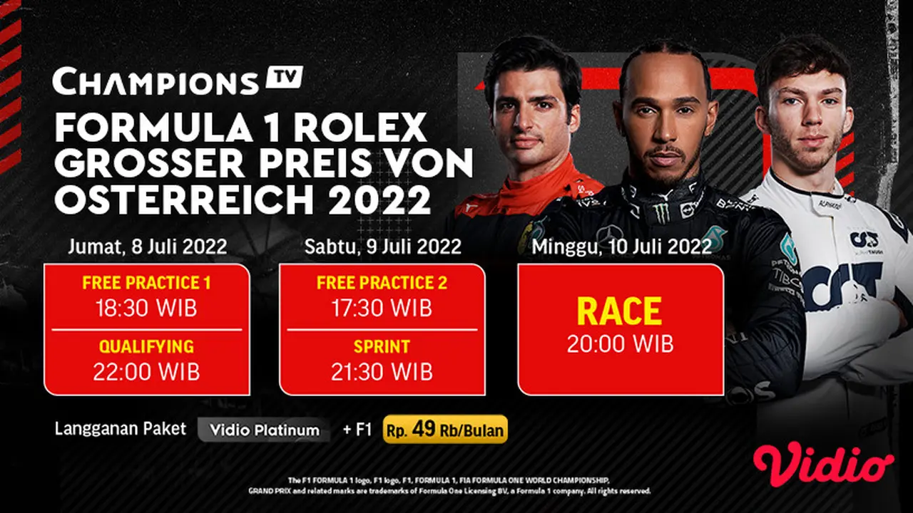 Link Live Streaming F1 GP Austria 2022 di Vidio Pekan Ini, 8-10 Juli 2022