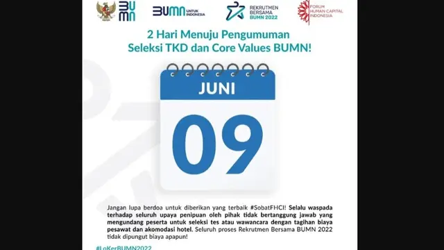Hasil pengumuman Rekrutmen Bersama BUMN 2022 untuk tes kemampuan dasar (TKD) dan core values BUMN akan segera keluar.