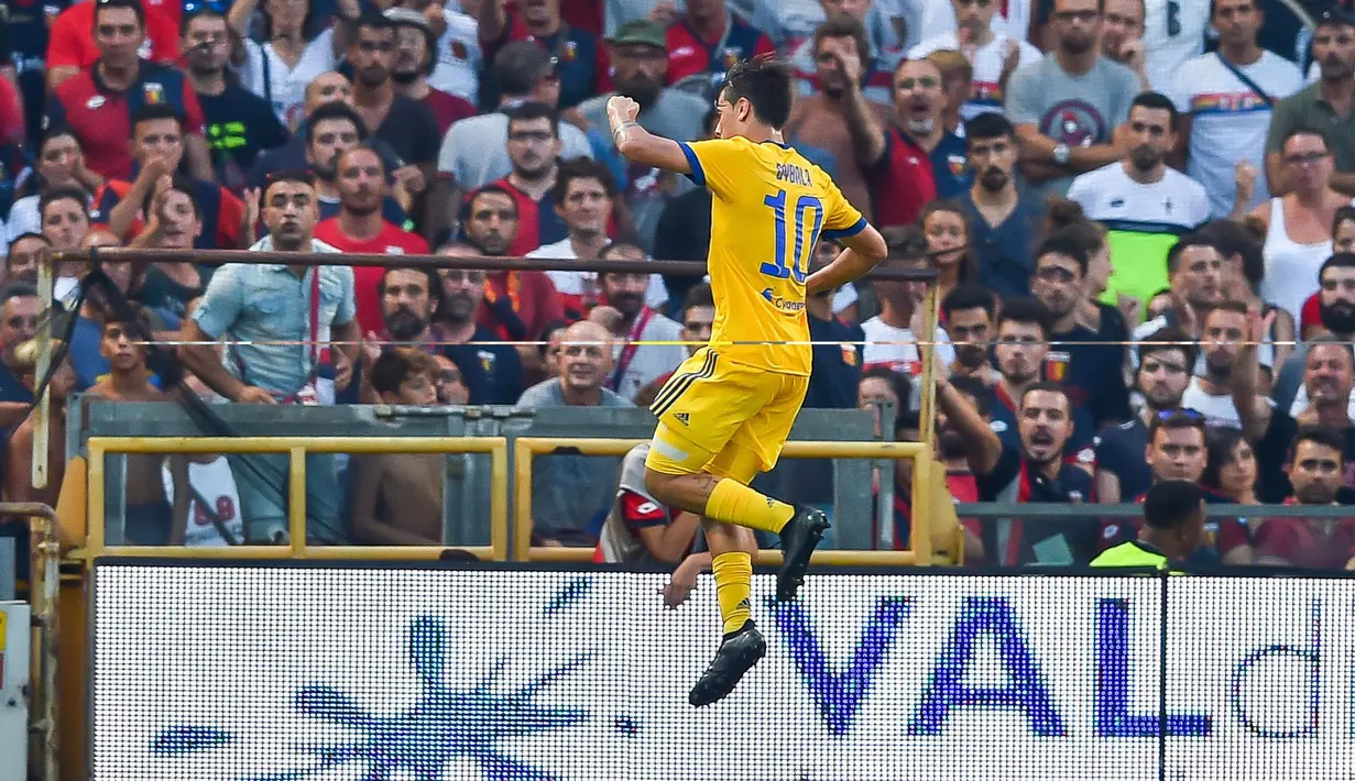 Aksi Paulo Dybala merayakan golnya ketignya ke gawang Genoa pada lanjutan Serie A di Luigi Ferraris Stadium, Genoa (26/8/2017).  Juventus menang 4-2. (Simone Arveda/ANSA via AP)