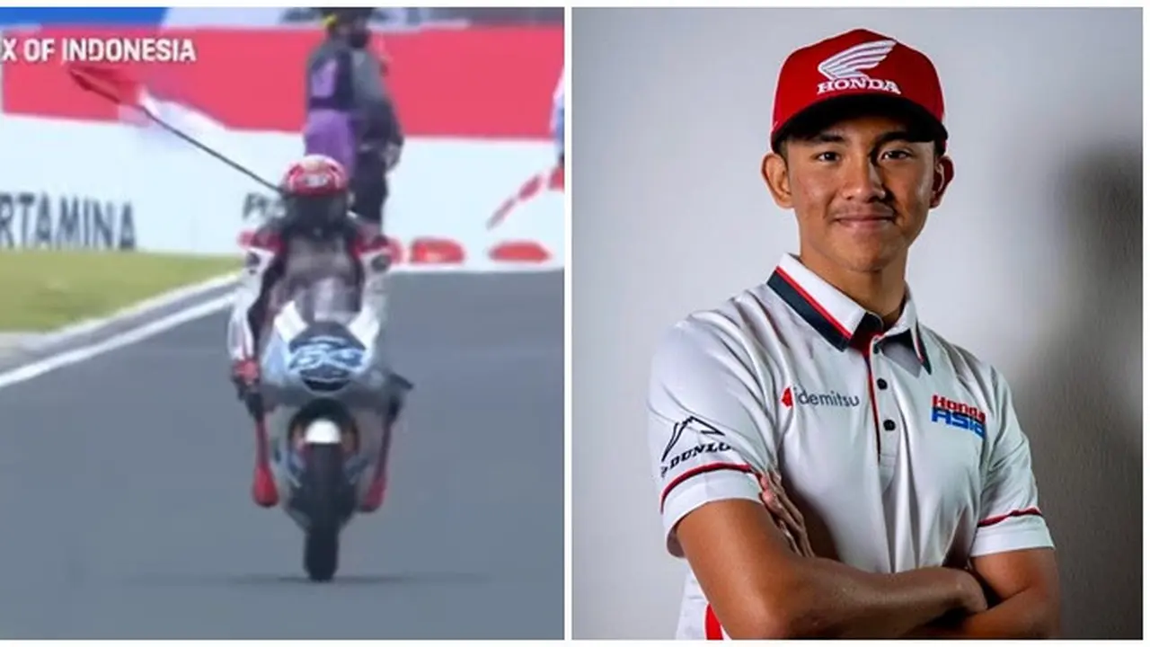 6 Potret Pembalap Mario Suryo Aji, Bawa Bendera Sambil Berkendara di Sirkuit Mandalika