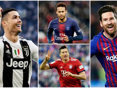 Berikut ini para pemain dengan gaji tertinggi dari masing - masing lima Liga top Eropa, Diantaranya, Lionel Messi, Cristiano Ronaldo dan Neymar. (Foto Kolase AP dan AFP)