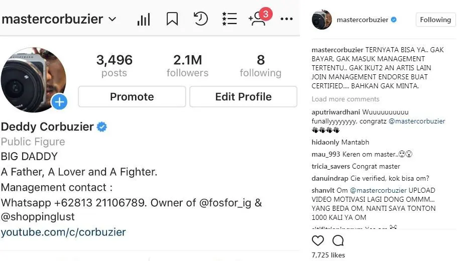 Akun Instagram Deddy Corbuzier terverifikasi.