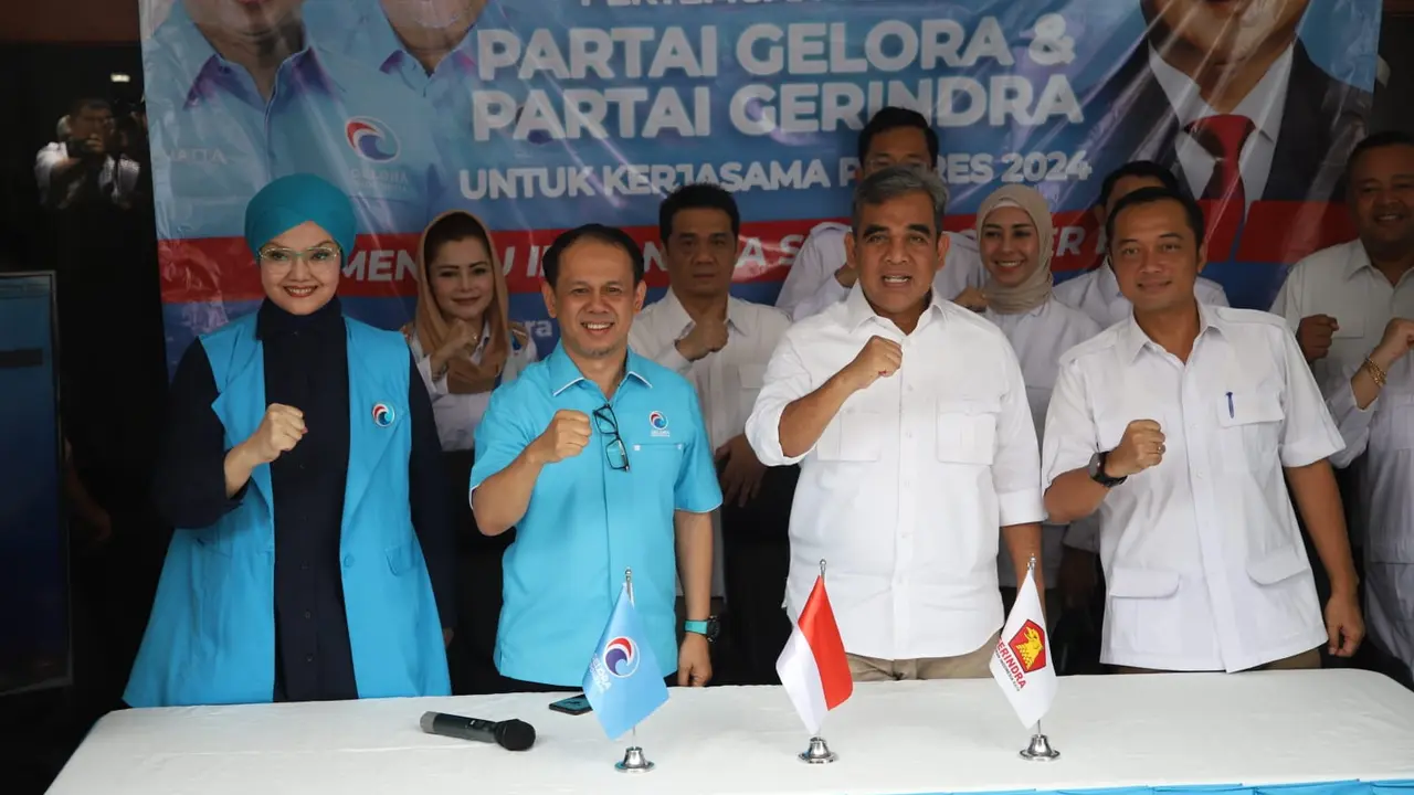 Sekjen Partai Gerindra Ahmad Muzani dan para petinggi Partai Gerindra melakukan silahturahmi ke Partai Gelora pada Sabtu (19/8/2023). (Liputan6.com/Nur Habibie)