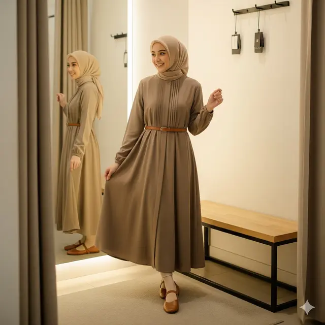 Midi Dress A-Line Warna Taupe yang Serbaguna