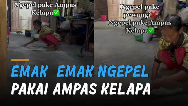 Seorang emak-emak mengepel lantai pakai ampas kelapa.