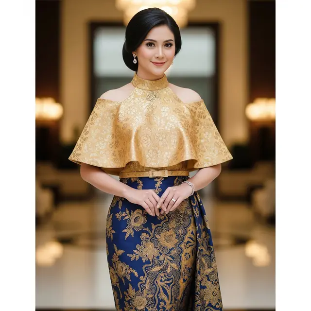 Dress Batik dengan Cape Lengan Pendek Halter Neck